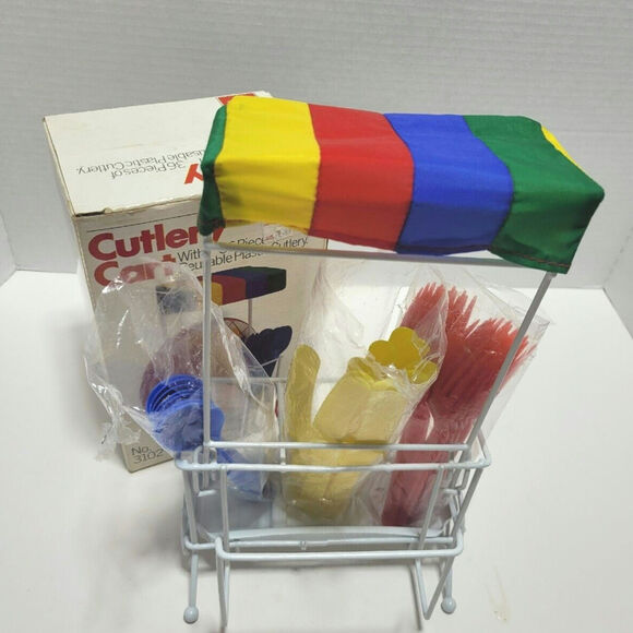 1984 Cutlery Cart Holder Picnic Party Table Basket Silverware Camping Vintage - Picture 3 of 11